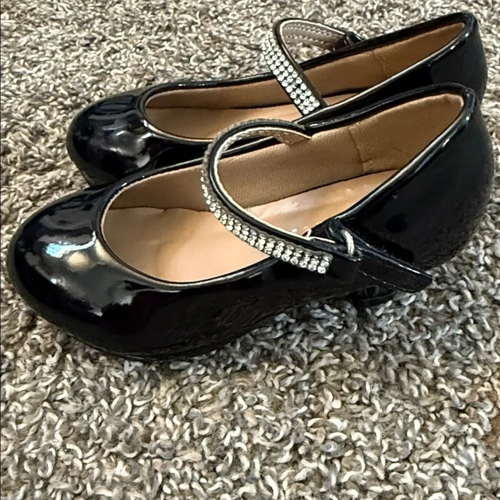 Shiny Black Toddler Dress Shoes with Rhinestone Strap
